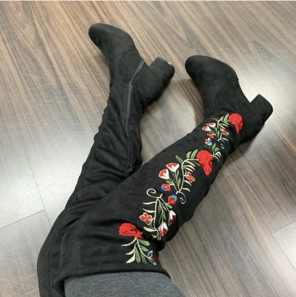 Floral suede over knee boots
